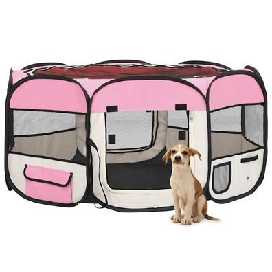 vidaXL Faltbarer Welpenlaufstall mit Tragetasche Rosa 145x145x61 cm