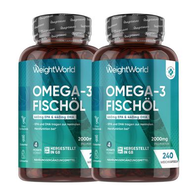 Omega 3 Kapseln - 2000mg Fischöl mit 1100mg Omega-3 - 240 Softgels - 2 Flaschen