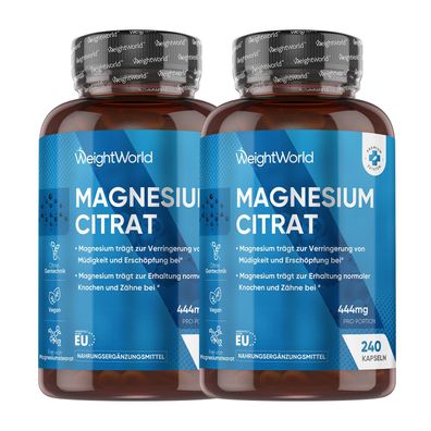 Magnesiumcitrat - 240 vegane Kapseln - 2 Flaschen - WeightWorld