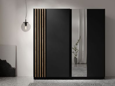 AX Living Kleiderschrank schwarz mit Spiegel 202 cm - Beralto Artisan Lamellen