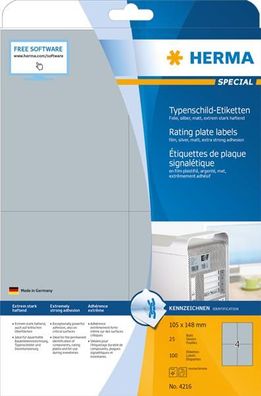 HERMA Typenschild-Etiketten Special, 105 x 148 mm, silber