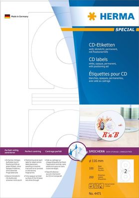 HERMA 4471 Herma 4471 CD-Etiketten A4 weiß Ø 116 mm Papier matt blickdicht 200 St