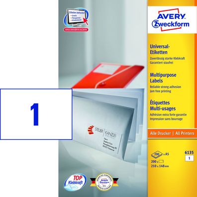 AVERY Zweckform Universal-Etiketten, 210 x 148 mm, weiá, A5