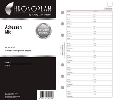 Chronoplan 50332 Ersatzadressblätter - Midi, 16 Blatt