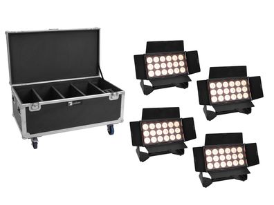 Eurolite Set 4x Multiflood IP 18x10W RGBW Wash CRMX + Case mit Rollen