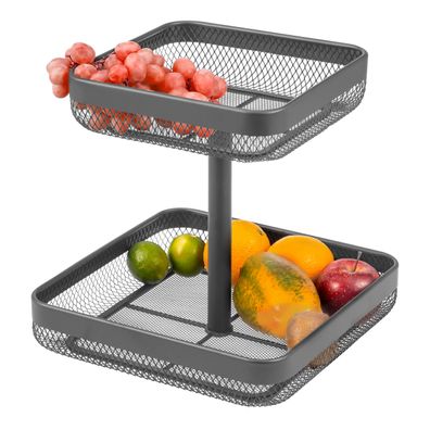 eluno Obstetagere, Brotkorb eckig 2-stöckig, Obstschale Obstkorb aus Metall, grau