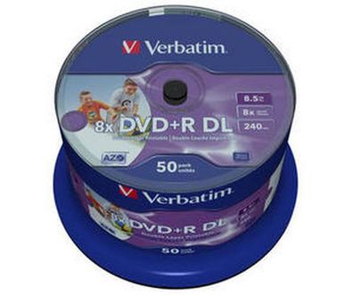 Verbatim 43703 1x50 Verbatim DVD+R Double Layer 8x Speed, 8,5GB wide printable