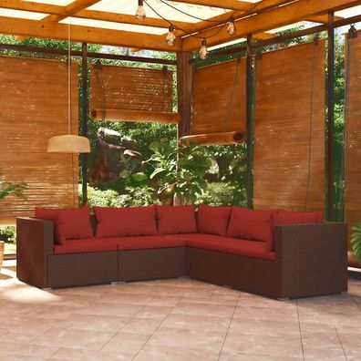 vidaXL 5-tlg. Garten-Lounge-Set mit Kissen Poly Rattan Braun