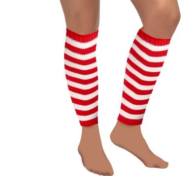 Ringel Stulpen Strick rot / weiß Beinstulpen Beinwärmer Kostüm Karneval Fasching