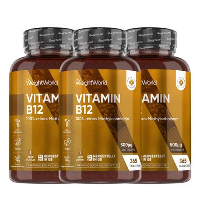 Vitamin B12-500mcg pro Tablette - 365 vegane Tabletten - 1 Jahr Vorrat - 3 Packungen