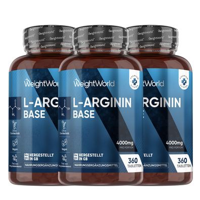 L-Arginin (Base) - 4000mg pro Portion - 360 vegane Tabletten - 3 Packungen