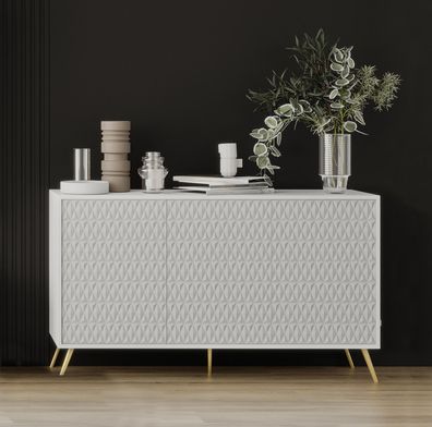 AX LIVING weiße Kommode Delvine 154 cm - strukturiert & mit goldenen Füßen