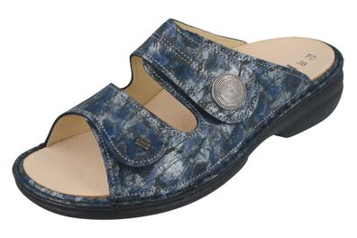 FINN Comfort Sansibar Damen Pantolette Hausschuhe blau bedrucktes Glattleder