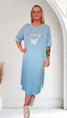 Italy Soft Touch Kleid Midikleid Halbarm Metallic Print Gold one size in Hellblau