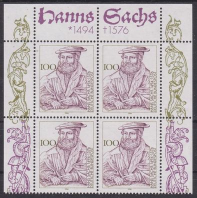 BRD 1994 postfrisch vierer Block Eckerand oben Michel-Nr. 1763 Hans Sachs