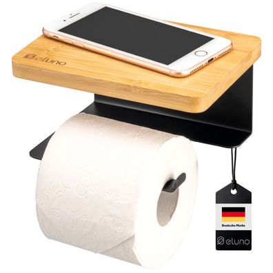 eluno Toilettenpapierhalter VARAZ mit Ablage aus Bambus, selbstklebend, Metall