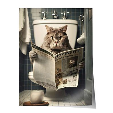 Poster Leinwandbild Katze liest Zeitung auf Toilette Deko Bad Badezimmer Gäste WC Klo