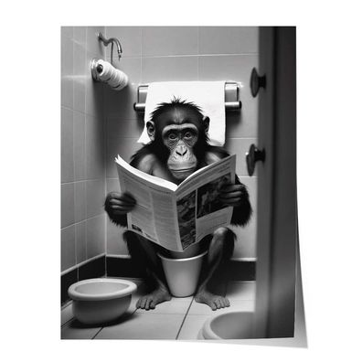 Poster Leinwandbild Affe auf Toilette Deko Bad Badezimmer Gäste WC Klo schwarz weiß