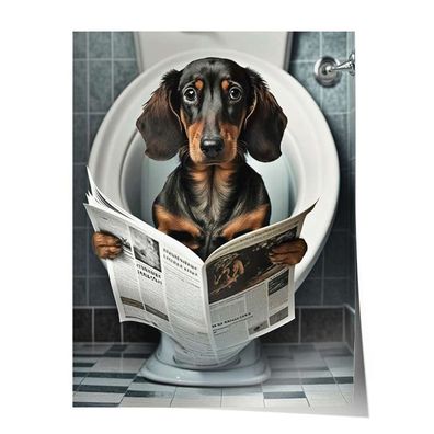 Poster Leinwandbild Dackel liest Zeitung Toilette Deko Bad Badezimmer Gäste WC Klo