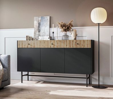 AX LIVING Kommode modern Dinley 155 cm Schwarz mit Eiche-Riffel-Fronten