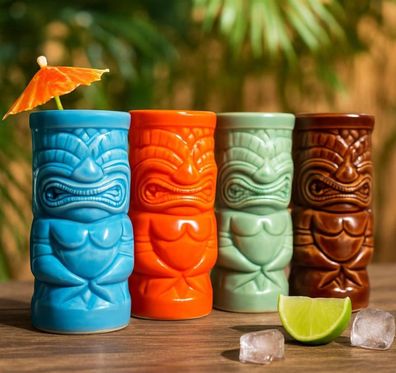 4 Stück Tiki Coctail Becher einfarbig 350ml/16cm Trinkglas Restaurant Bar Deko