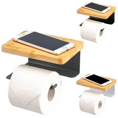 eluno Toilettenpapierhalter VARAZ mit Ablage aus Bambus, selbstklebend, Metall