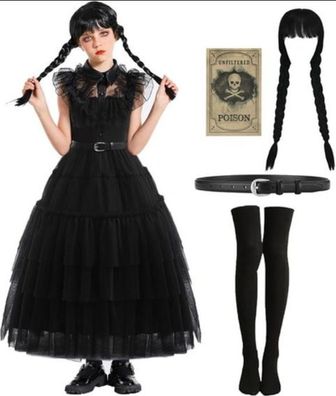 Mädchen Gothic Kleid – Wednesday Kostüm mit Zubehör – Größe 130