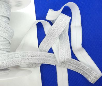 1m x 15mm Falzgummi elastisch Satinglanz Farbe Weiß mit Silber Glitzereffekt