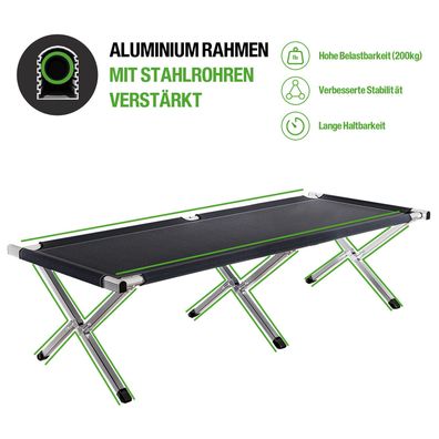Kronenburg XXL Campingbett Feldbett 210 x 72 x 45 cm - belastbar bis 200 kg - schwarz