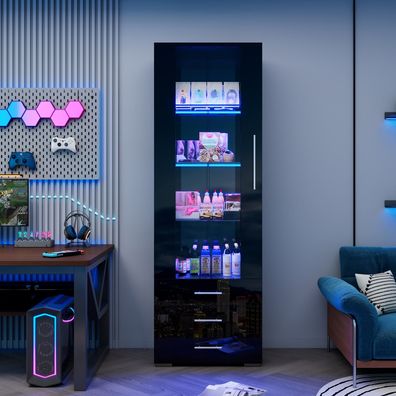 Schwarz Hochglanzvitrine, Vitrine Standvitrine mit LED-Beleuchtung, 60 * 35 * 180cm