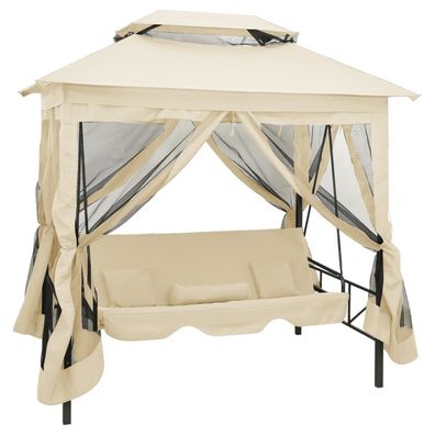 Pavillon mit umwandelbarer Hollywoodschaukel für 2 Personen mit Vorhängen, Cremeweiß
