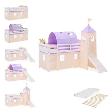 Hochbett Kinder 90x200 cm Kinderbett Kinderhochbett Stockbett Tunnel Vorhang Turm