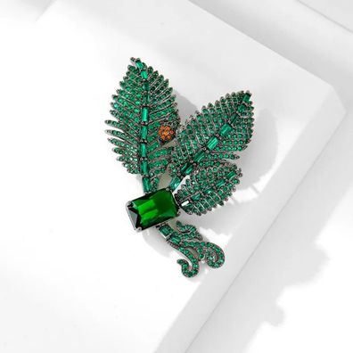 Grüne Blatt Brosche Damen - Vintage Brosche Pin mit funkelnden Zirkonia, Geschenk
