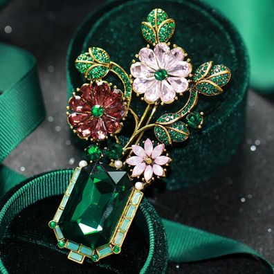 Brosche Damen Vintage-Blumenstrauß aus grünem Kristall - Geschenk, Boho Schmuck