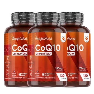 Coenzym Q10-200mg pro Kapsel - 120 vegane CoQ10 Kapseln - 3er-Pack - WeightWorld