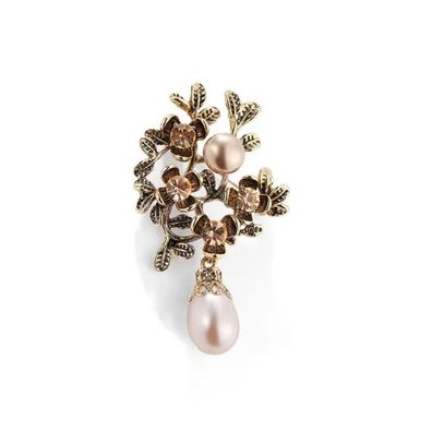 Vintage Brosche Damen Geschenk - Barocke Blumen-Pin mit Perle & Zirkonia