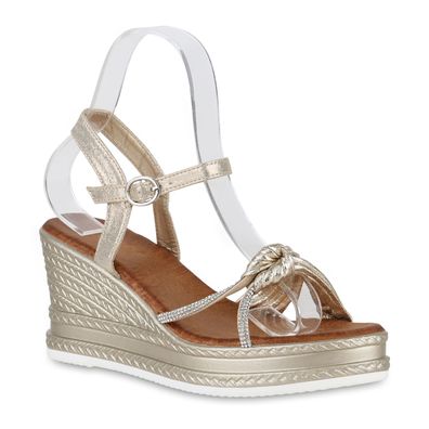 VAN HILL Damen Plateau Sandaletten Strass Keilabsatz Profil-Sohle Schuhe