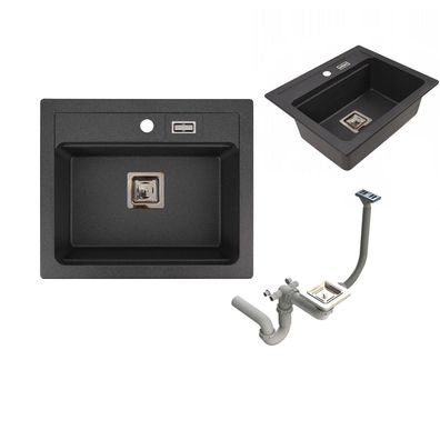 QLS Granitspüle YORK 59x50 cm Einbauspüle mit Abtropffläche und Siphon schwarz 11321