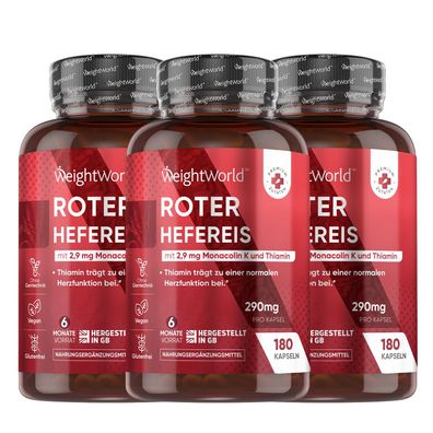 WeightWorld Roter Hefereis - 6 Monate Vorrat - 180 vegan Capsules - 3er-Pack