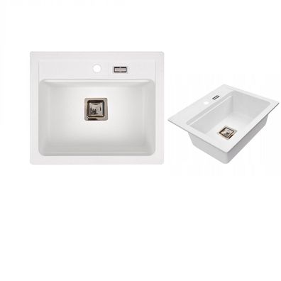 QLS Granitspüle YORK 59x50 cm Einbauspüle mit Abtropffläche und Siphon weiß 11322