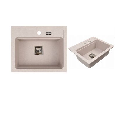 QLS Granitspüle YORK 59x50 cm Einbauspüle mit Abtropffläche und Siphon beige 11323
