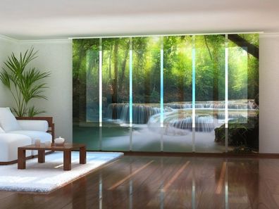 Fotogardine 1-6 tlg. "Wasserfall im Frühlingswald" Schiebegardine mit Naturmotiv