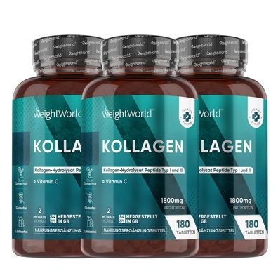 Kollagen Tabletten mit Vitamin C - 1800mg Kollagen-3er-Pack- WeightWorld