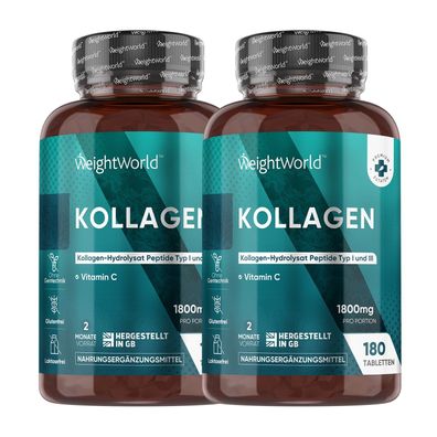 Kollagen Tabletten mit Vitamin C - 1800mg Kollagen-2er-Pack- WeightWorld