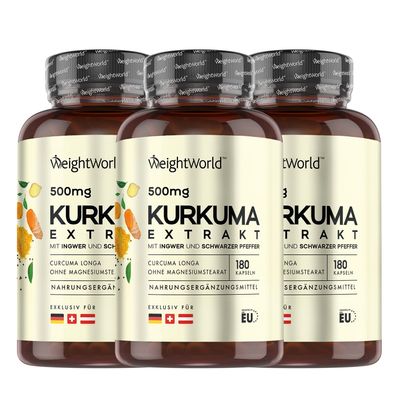 Kurkuma Extrakt Kapseln - 500mg Curcuma Extrakt - 180 Stück für 6 Monate- 3er-Pack