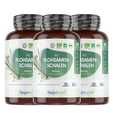 Bio Flohsamenschalen 1400mg pro Portion - 180 vegane Kapseln - 3er-Pack