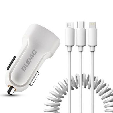 Dudao KFZ-Ladeset: 2x USB 2.4A Ladegeraet + 3in1 Kabel (Lightning/Typ C/micro USB