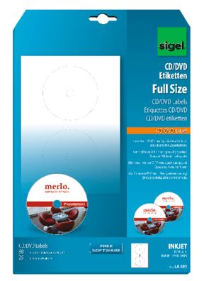 SIGEL LA501 CD-/DVD-Etiketten - weiß - 117 x 117 mm - 50 Etiketten = 25 Blatt
