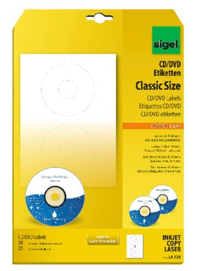 SIGEL LA525 CD-/DVD-Etiketten - weiß - 117 x 117 mm - 50 Etiketten = 25 Blatt