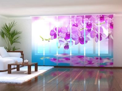 Fotogardine 1-6 tlg. "Lila Orchideen Wasserspiegelung" Schiebegardine mit Blumen